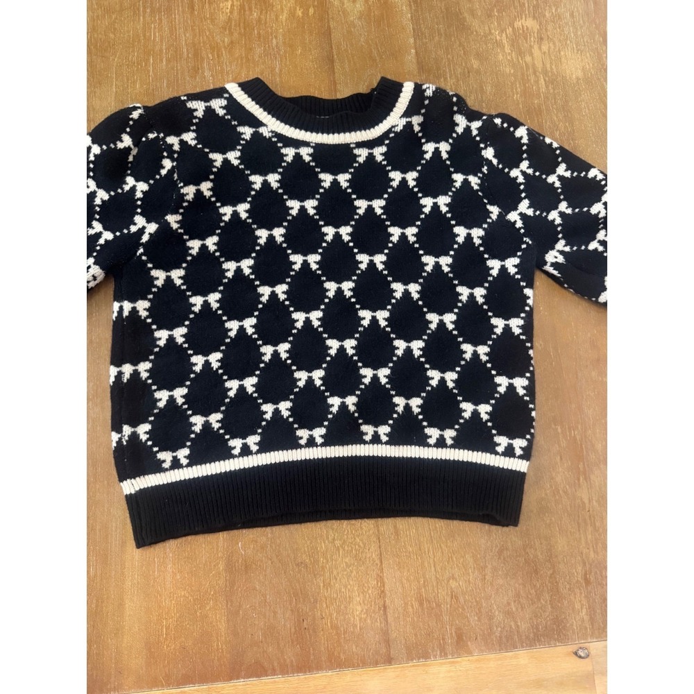 THML Black White Bow Pattern Knit Sweater Crewneck Puffed Sleeve Medium WK0071